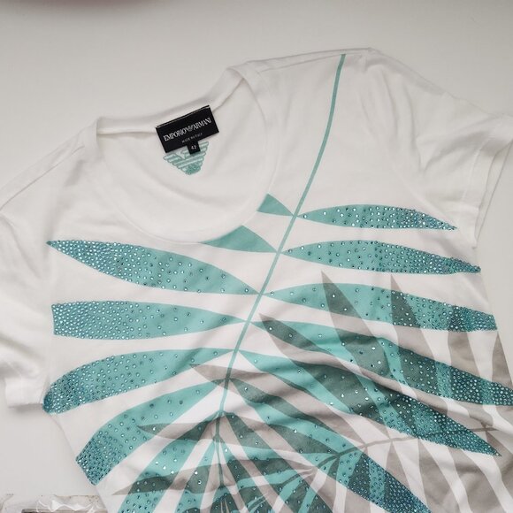 Emporio Armani made Italy 42 / S White Crystal palm leaf print women's t-shirt - Picture 3 of 14